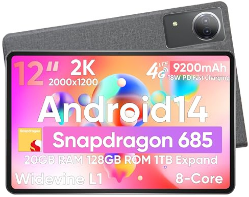 N-one Tablette Android, Qualcomm Snapdragon 8 Cœurs, 20Go RAM, 128Go, Écran FHD 12 Pouces, 4G LTE SIM, WiFi 2,4 et 5 GHz, Batterie 9200mAh, Chargeur Rapide 18W, GPS 13M