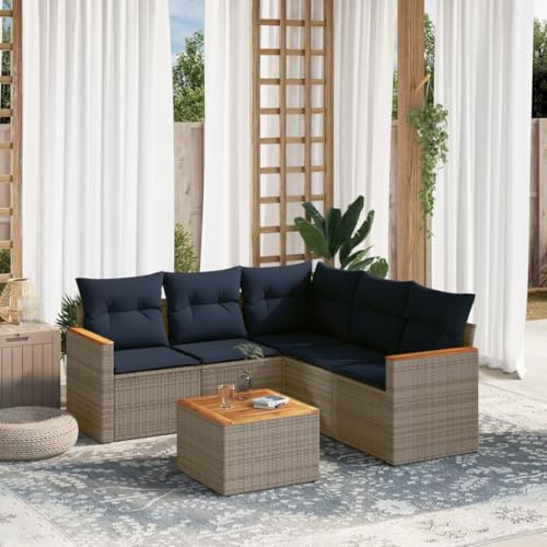 QUAHEAS 6-teiliges Gartensofa-Set, Polyrattan Grau, Modulares Outdoor Loungeset mit Akazienholz-Tisch, UV-beständig und Wetterfest für Terrasse & Balkon