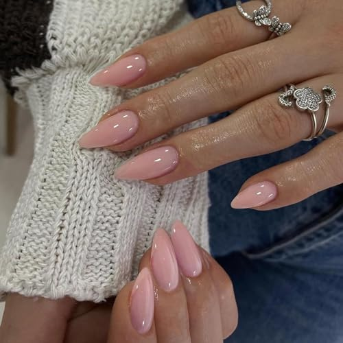 24Pcs Rosa Press on Nails, Mandelförmige Kunstnägel, Natürlich Falsche Nägel, Full Cover Fake Nails Set Mit Kleber & Werkzeugen, Glänzende Wiederverwendbare Fingernägel zum Aufkleben für Frauen(Rosa)
