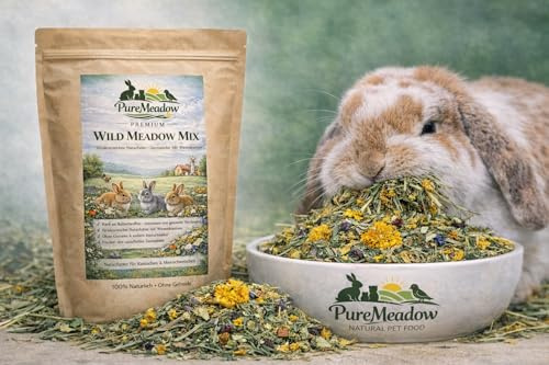 PureMeadow Premium Wild Meadow Mix, Kaninchenfutter, Naturfutter für Kaninchen, Getreidefrei, mit Wiesenkräutern, zwergkaninchen, Hasen Futter, deukanin kaninchenfutter, 1 kg