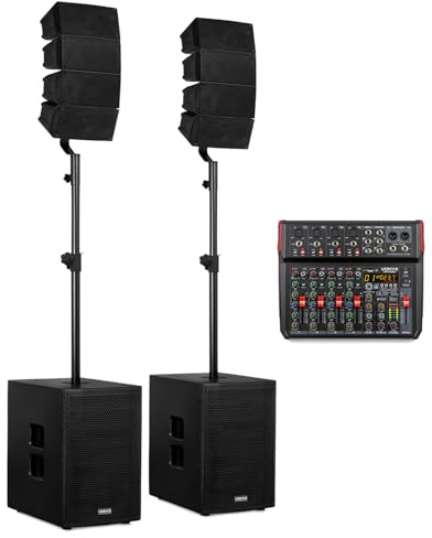Vonyx line array speaker system with 8-channel mixer, 2 subwoofers, 8 top speakers and 2 XLR leads, active PA system for church, DJs, singers and live events