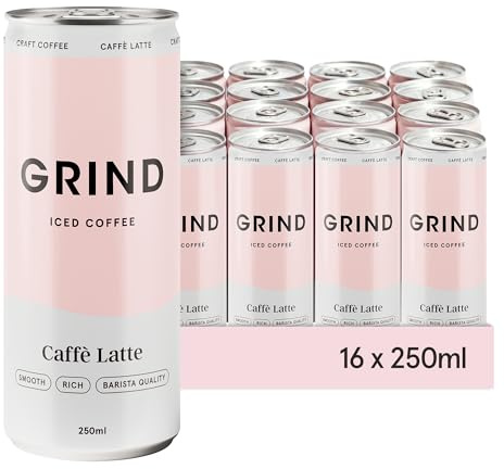 Grind Caffè Latte Iced Coffee Cans – 16x 250 ml – Ready To Drink – 100% Arabica Coffee – Low Calorie – Cold Coffee for Summer