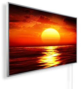 Infrarotheizung mit Bild – Bildmotiv – TÜV SÜD - 1200 Watt Bildheizung + Thermostat - Weißer Rahmen (46. Sonnenuntergang)