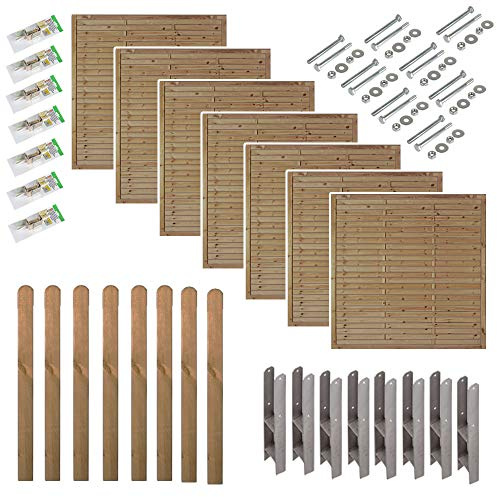 Lamellenzaun Komplettset Hamburg 13,3 m Sichtschutz aus Holz – 7 Zaunelemente 180x180 cm + 8 Pfosten 9x9x190 cm inkl. H-Pfostenträger, Schrauben & Winkel
