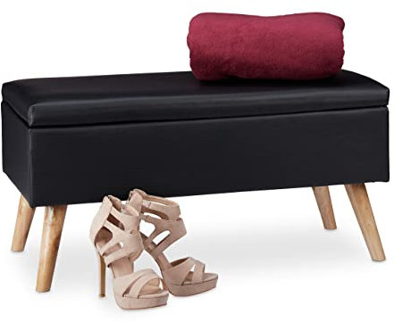 Relaxdays Sitzbank mit Stauraum, 40 L, gepolstert, Holzbeine, Truhenbank Kunstleder, HxBxT: 40 x 80 x 39,5 cm, schwarz