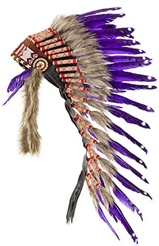 Pink Pineapple Coiffe Indienne en Plumes d'origine Responsable - Warbonnet Style Indiens d’Amérique Fait Main - d’Inspiration amérindienne, Artisanale & éthique - Longueur Moyenne - Violet