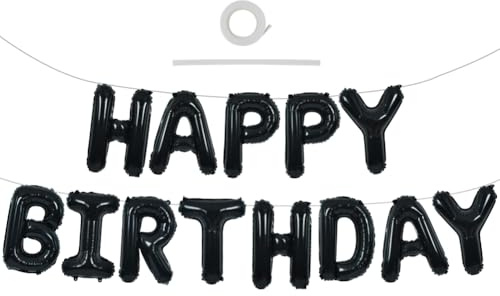 TONIFUL Black Happy Birthday Balloons Banner 16 Inch Mylar Foil Letters Birthday Sign Banner Bunting Reusable for 30th 40th 50th 60th Adults and Halloween Supplies