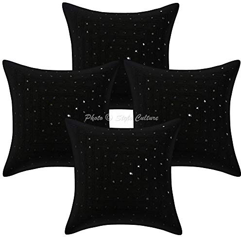 Stylo Culture Indio Fundas Almohadones Decorativa 40x40 cm Algodón Geométrico Fundas De Cojines Sofa Negro 16x16 Inch Encaje De Espejo Bordado Cuadrado sobre Fundas De Almohadones para Cama - 4 Pcs