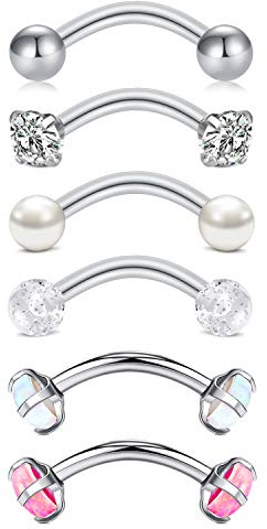 Rajnard Piercing Sopracciglio Rook Piercing 16G Acciaio Chirurgico Banana Barbell 8mm Cristallo Opale Reale Piercing Gioielli per Donna Uomo Ragazze 6 Pezzi Argento