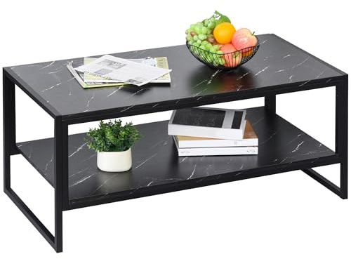 HOMCOM Tavolino da Caffè Nero, Tavolino Effetto Marmo con Ripiano Inferiore, da Soggiorno o Ufficio, Design Moderno, Telaio in Acciaio, 106x50x45cm, Nero