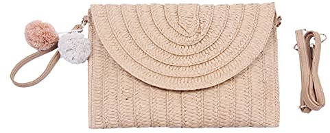 Syrads Bolso de mano de paja de noche para mujer Bolso de playa de verano Bolso de sobre tejido de paja,Marrón claro