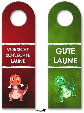 Vorsicht schlechte Laune oder gute Laune Türhänger 3er Set mit T-Rex Dino in rot und grün Kinderzimmer Teenager Kinder boese nicht stören Warnung vor dem Kind Stimmung