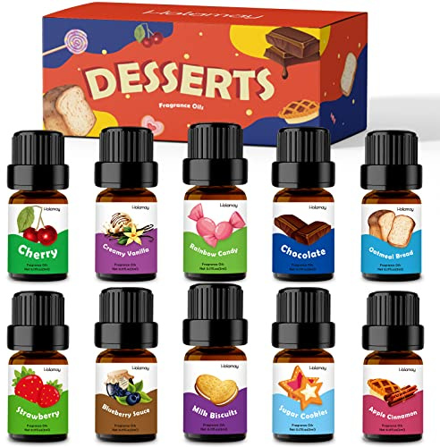 Fragrance Oils, Holamay Dessert Scented Essential Oils for Soap Candle Making, 10x5ml - Creamy Vanilla, Apple Cinnamon, Cookies and More, Aromatherapy Diffuser Oil Scents, Holiday Essential Oil Set