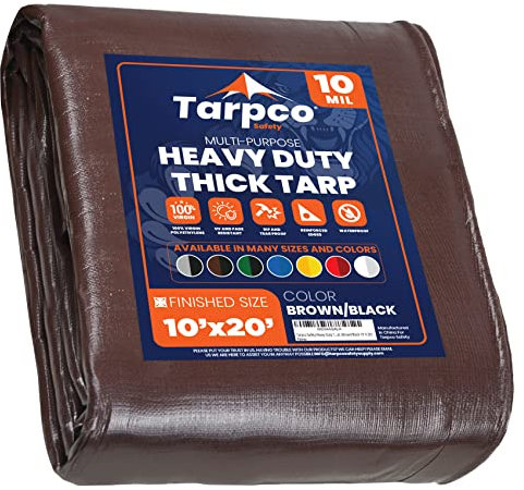 Tarpco Safety - Tarpaulin Waterproof Heavy Duty(190 g/m²|10′ X 20′ | 3m X 6.1m|Brown/Black-10 Mil) UV Resistant, Tear Proof, Protective Poly Tarpaulin with Reinforced Edges for Multi-purpose usage