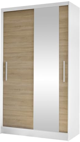 Mirjan24 Armoire Margite VI avec miroir, tringle à vêtements et 5 compartiments, armoire de chambre à coucher, armoire de couloir, armoire de vestiaire, armoire à portes coulissantes (blanc/chêne