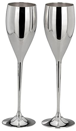 H.Bauer jun. Sektgläser Set 2-teilig versilbert - 25 cm Champagnergläser aus Messing, anlaufgeschützt & elegant poliert - edle Schaumweingläser für Hochzeit, Jubiläum, Dinner & Geschenkidee