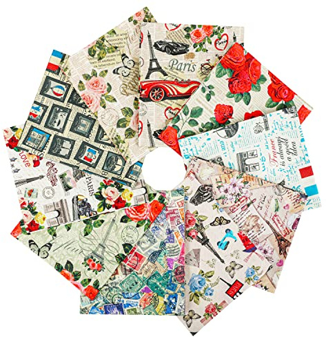 Craftido 10 pezzi di Tessuto in Cotone Fat Quarters 18”x21”(46x53cm) - Peso Medio 145g - Tessuto 100% Cotone per Quilting, Cucito, Patchwork, DIY e Artigianato Fatto a Mano - Paris Style