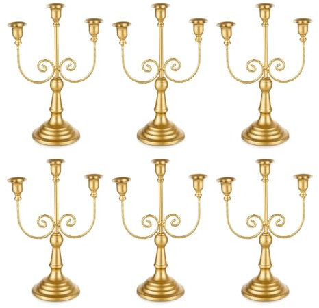 Romadedi kerzenleuchter 3-armig Kerzenständer Gold - 6er Set Vintage Metall Kerzenhalter für Stabkerzen Kerzen Hochzeit Party Weihnachten Tischdeko Kaminkonsole Tisch Deko Wohnzimmer