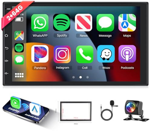 Hodozzy 2GB+64GB Autoradio 2 Din mit Navi Android mit Wireless Carplay, Android Auto, 7 Zoll Touchscreen Bildschirm Autoradio Doppel Din Bluetooth HiFi FM/RDS Radio WiFi GPS, AHD Rückfahrkamera