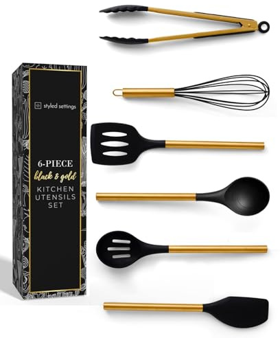 Black and Gold Kitchen Utensils Set - 6-PC Silicone Utensils Set Include Tongs, Whisk, Serving Spoon, Spatula, and Turner for Stylish Cooking and Baking - Black and Gold Kitchen Accessories and Decor