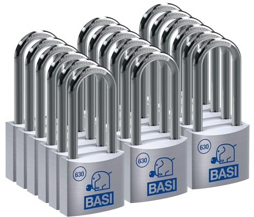 BASI | 18er Set Vorhangschloss | 30 mm | gleichsperrend | hoher Bügel | massives Aluminium-Gehäuse | gehärteter Stahlbügel | sicheres Vorhängeschloss gleichschließend | Bügelstärke 5 mm | 18 Stück