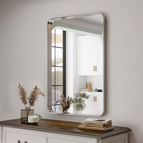 Easly Silver Bathroom Mirror for Wall, 30x22 Inch Rectangular Aluminum Alloy Framed Mirror, Modern Wall Mounted Vanity Mirror for Bathroom, Vertical or Horizontal