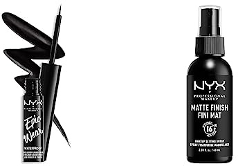 NYX Professional Makeup Eyeliner Liquide Semi-Permanent Epic Wear, Fini Mat, Noir & Spray Fixateur Setting Dewy Finish, Fini Mat, Formule Vegan, Modèle : Matte
