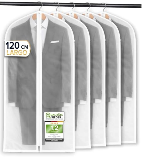 FiRiO 5x Fundas Ropa Armario Colgar I Bolsa Portatrajes Plegable I 120x60cm | Protege de Polillas y Polvo I PEVA Transparente I Fundas Ropa Transpirable para Trajes, Abrigos, Chaquetas y Vestidos