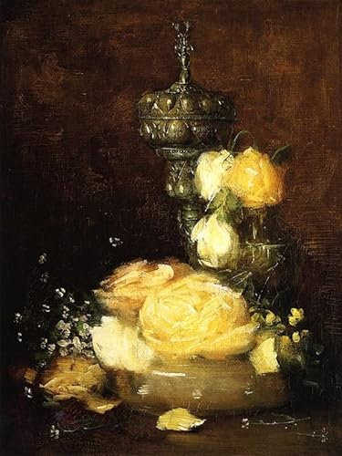 MSTECO Peinture Classique Image Murale sur Toile Affiche Decoration Murale Calice en argent avec roses par Julian Alden Weir Pour les Décorations pour la Maison 60x90cm