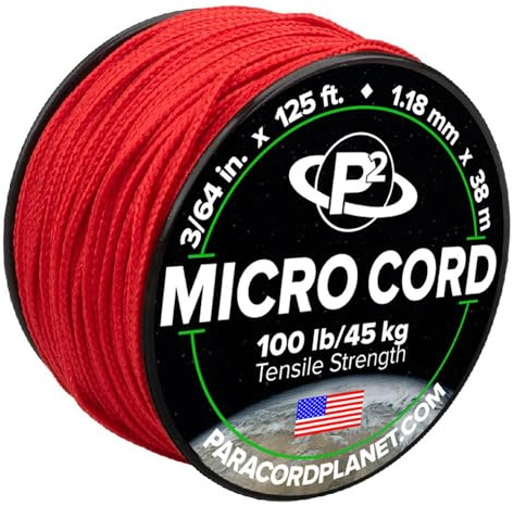 Paracord Planet Micro Paracord – tunn flätad sladd för hantverk, fiske och gör-det-själv-projekt i 38 m spolar – röd