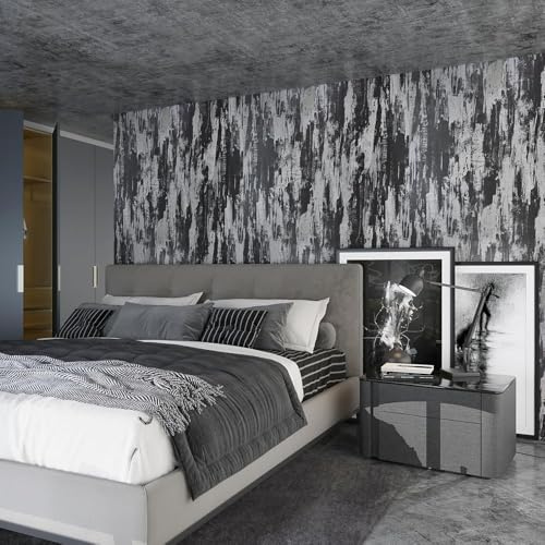 TOTIO Klebefolie Schwarz Silber Selbstklebende Tapete Vinyl-Wandfolie Wasserfest Möbel Folie Dunkle Abstrakte Betontapete 40CMx3M Matt Verdickt Abnehmbar Blasenfreies Design Retro-Industrieller Stil