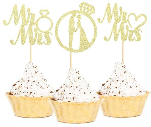 Sotpot 24PCS Miss to Mrs Cupcake Toppers with Ring Gold Glitter for Wedding Bridal Shower Wedding Engagement Party Cake Decorations