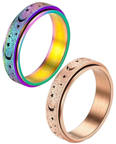 Zeayebsr 2pcs Anti-Angst Spinner Ringe Fidget Band Ringe für Stress Angstlinderung für Edelstahl Roller Ringe Stress Ringe Drehbarer Ringe Angst Ringe Mondstern Sand Blast Finish，Mit Aufbewahrungsbox