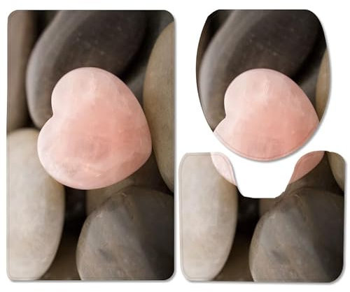 Bad Teppiche Set Pink Heart Stone Badezimmerteppich Waschbar WC Vorleger mit Ausschnitt und WC Deckelbezug 3 Teilig Badematte rutschfest Toilettensitzbezug Badgarnitur 50x80 cm