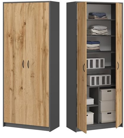 Home Collective Kleiderschrank Mehrzweckschrank Regal grau 74cm breit 180cm hoch mit sechs Einlegeböden und Extra-Fach, Aktenschrank Haushaltsschrank Schrank Organizer aus Holz