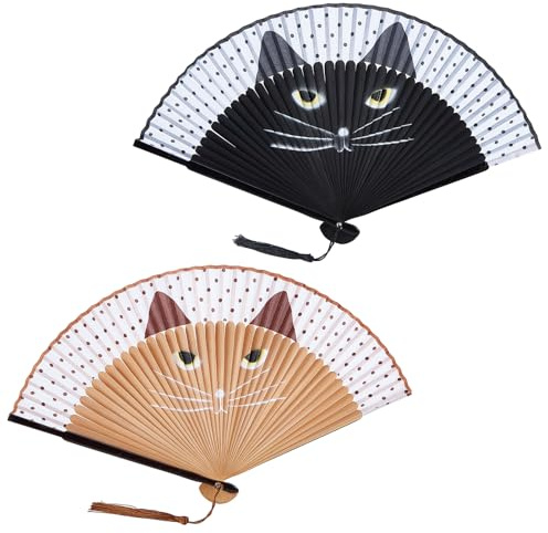 NICENEEDED 2 PCS Holografischer Faltbarer Handfächer Mit Klack Motiv Große Schillernde Rave Handfächer Aus Bambus Für Männer Und Frauen Handventilator Mit Cartoon Katze