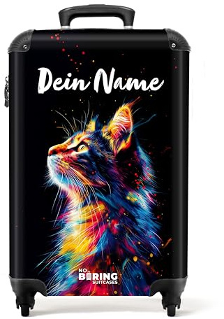 NoBoringSuitcases© Kinder Koffer Personalisiert, Koffer Klein, | 55x40x20 cm - Kindertrolley, Kinder Koffer mit Rollen, Kindergepäck, Trolley Handgepäck (Seitenansicht bunte Katze - Schwarz)