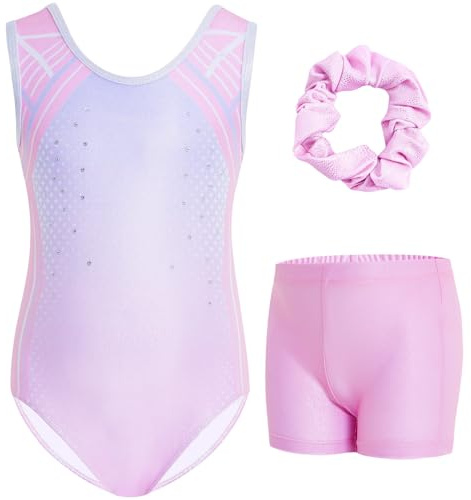 Gogokids Girls' Three-Piece Sleeveless Gymnastics Leotard Set with Shorts & Hair Tie, Kids Glitter Gymnastics Outfits with Rhinestone Accents & Crossback Design Sparkling Ballet Unitards for Age 5-6