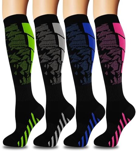 ACTINPUT 4 Paar Kompressionsstrümpfe für Damen Herren, Bunte Stützstrümpfe Kompressionssocken für Sport, Flug, Laufen, Reisen, Radsport, krankenschwester（4110 - Schwarz，S-M）