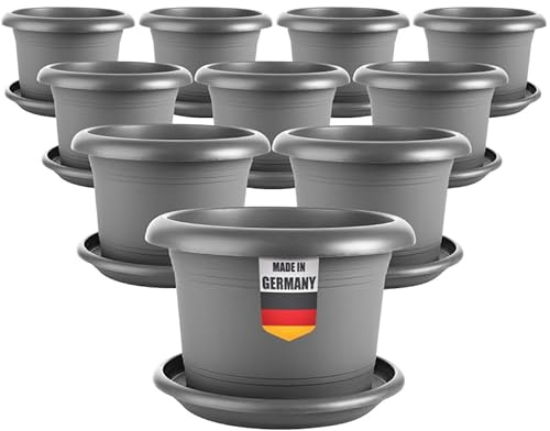SUSTANIA Lot de 10 grands pots de fleurs d'extérieur - Diamètre : 30 cm - Anthracite - Avec soucoupe - Grand pot de fleurs extérieur - Résistant aux intempéries - Fabriqué en Allemagne