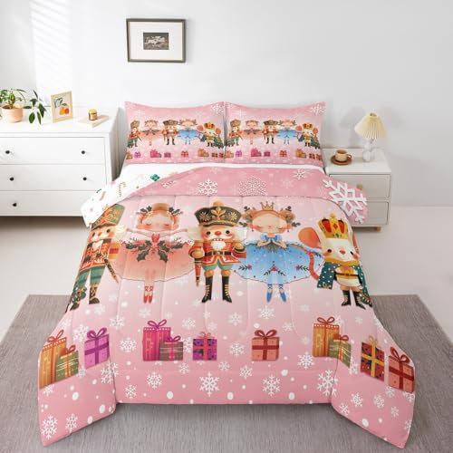 Christmas Nutcracker Comforter Set King Size,Ballet Girl and Soldier Bedding Set 3Pcs for Kids Girls Boys Teens Room Decor,White Snowflake Quilt Set Sweet Pink Duvet Insert,2 Pillowcases