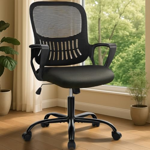 DUMOS Bürostuhl Ergonomisch, Schreibtischstuhl mit Lendenwirbelstütze, Drehstuhl mit Armlehne, Computerstuhl, Höhenverstellbarer Office Chair, Bürostühle Geeignet für Büro und Schlafzimmer (Schwarz)
