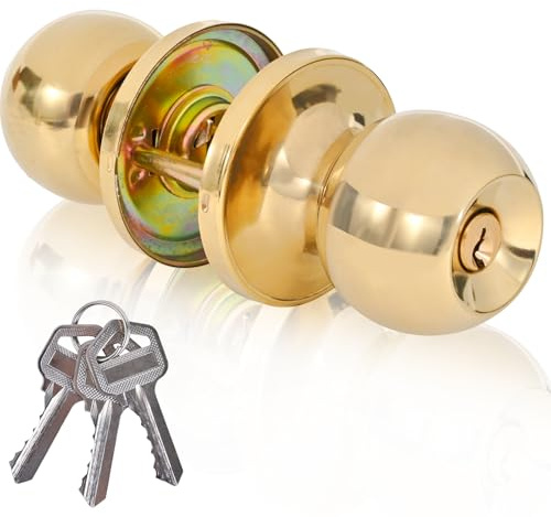 YELANGU Keyed Door Knob Set, Satin Nickel, 1 Pack(Golden) | Stainless steel finish with 3 keys;fits 35-50mm doors and 60-70mm backset;reversible latch for entry,bedroom and back doors.