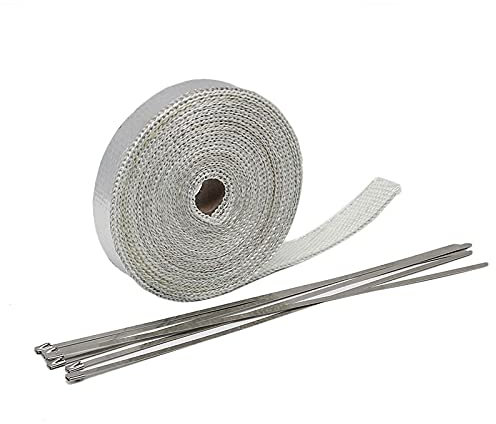 Hitzeschutzband Auspuff,Hitzeschutzband 25mm * 5/10 / 15m Titan-Auspuff-Wärm Wickelwalze für Motorrad Fiberglas Wärmeabschirmklebeband mit rostfreien Krawatten(10m Silver)