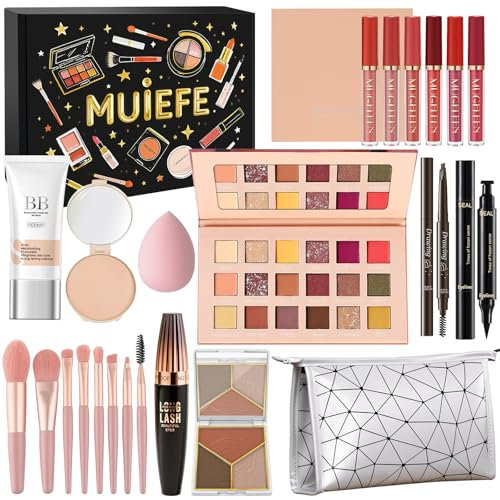 Muiefe Set de maquillage pour femme, coffret cadeau maquillage adolescent fille, kit de maquillage professionnel complet avec palette ombres à paupières, mascara, gloss à lèvres, ligne yeux, pinceaux