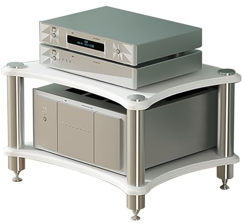 LIUJHGH HiFi-Audio-Rack mit stoßdämpfenden Füßen, Massivholzregal für Streaming-Geräte, Verstärker, Lautsprecher und Medienaufbewahrung(Weiß,2-Tier)