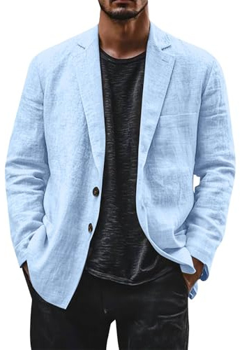 Veste d'été en lin pour homme - Blazer décontracté en coton et lin avec deux boutons - Veste simple et décontractée - Veste de costume pour les loisirs - Veste de transition pour homme - Coupe droite