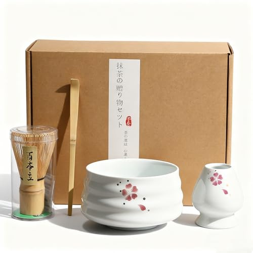 4-teiliges Matcha Set Japanisches Tee-Zubehör mit Bambusbesen Keramikschale Schaufel & Besenhalter, Chawan Teeschalen Keramik-Matcha-Schale für die Traditionelle Matcha-Zeremonie (Kirschblüten)