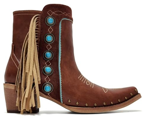 MissHeel Cowgirl Booties for Women Short Cowboy Boots with Fringe Turquoise Western-Boots Studded Ankle Boot Brown Size 8
