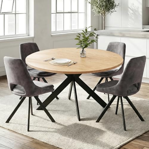 JIEXI utdragbart runt matbordsset, 120–160 cm mörk rhine finish, MDF-topp med metallram, modern samtida stil (Naturholzfarbe+4 graue X-förmige Stühle, 115 cm)